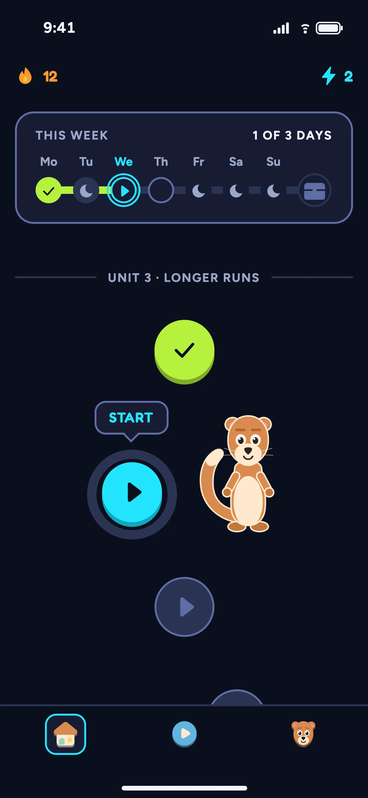 The app’s path: this week’s plan, today’s session ready to start.
