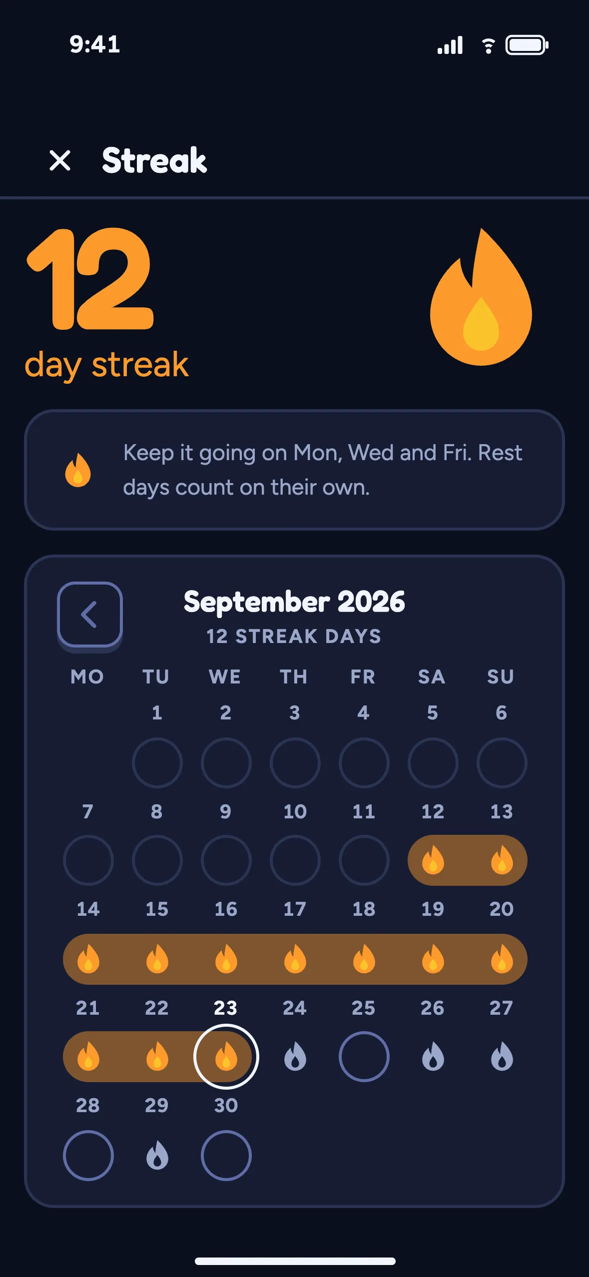 The streak screen: a twelve-day streak and this month’s calendar.