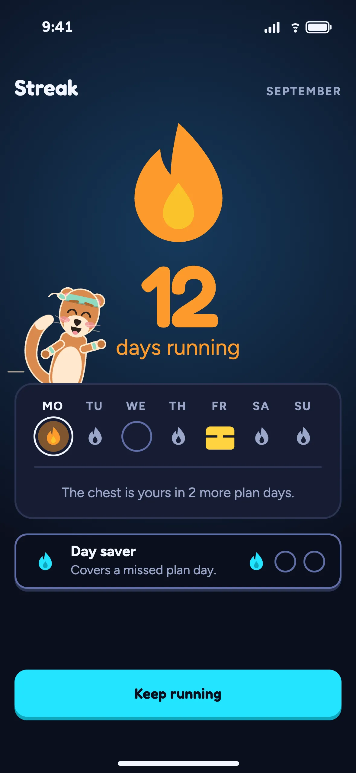 After a session: the streak grows to twelve days running.